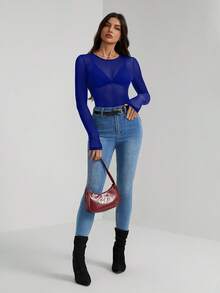 SHEIN Tall See Through Mesh Bodysuit Without Lingerie - Royal Blue - View 4