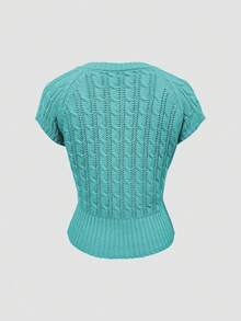 SHEIN Áo thun dệt kim tay ngắn cài nút phía trước, khoét lỗ, kiểu dáng cổ điển mới - Màu xanh ngọc - Xem 2