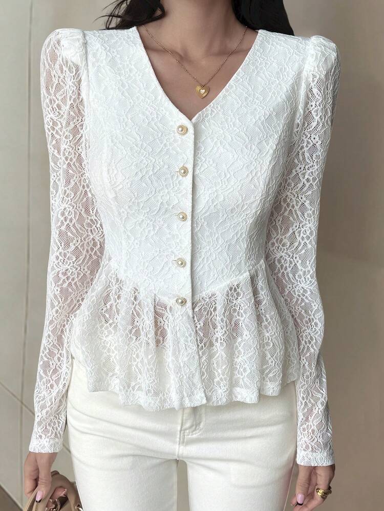 Women's Solid Color V-Neck Button Front Long Sleeve T-Shirt With Lace Patchwork Waist