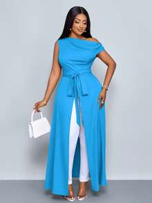 SOLERSUN Women's Plus Size Asymmetrical Neck Blouse Split Thigh Tie Front One Shoulder Shirts - Teal Blue - View 5