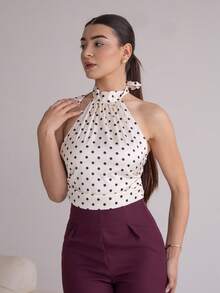 Andrea Bello Beige And Black Polka Dot Satin Tie-Neck Top With High Collar And Open Back – Vintage Elegant Court Style, Date, Party, Y2K, Festive & Birthday Wear Polka Dot Top Tie Tops White Polka Dot Top Polkadot Top Halter Neck Top,Halloween Costumes,Vacation Outfits Women,2000s Clothes - Apricot - View 3