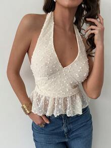 Aloruh Top halter minimalista y sexy sin espalda para mujer, perfecto para vacaciones de verano en la playa, fiestas tropicales y festivales de música country; Top de chaleco jacquard bohemio, un atuendo de estilo callejero para chicas calientes. - Albaricoque - Ver 4