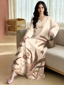 SHEIN Najma 杏色V领花卉棕榈树印花长袖连衣裙，优雅阿拉伯风格波西米亚长裙，适合春秋季穿着 - 彩色 - 查看 4