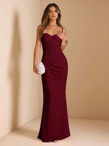 SHEIN Tall CURVE 大码女士纯色修身吊带派对连衣裙 - 酒紅色 - 查看 5
