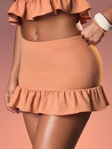 MISSGUIDED Ruffle Hem Bandeau Top And Mini Skirt Set Strapless Cropped Coordinated Two Piece Outfit Summer Festival - Orange - View 4