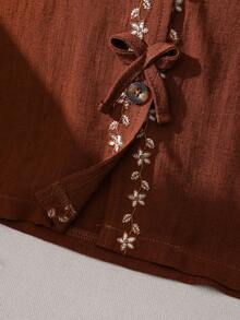 少女春夏度假海滩波西米亚风刺绣无袖宽松梭织衬衫 - 棕色 - 查看 7