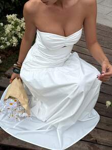 Livesso Vestido camisero blanco calado de primavera y verano, con silueta ajustada y sexy, adecuado para festivales de música, San Valentín, boda, vacaciones de playa casual, vestido midi bandeau de estilo boho para mujer - Blanco - Ver 1
