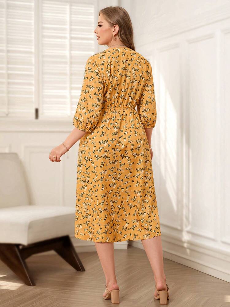 Plus Size V-Neck Regular Shoulder Puff Sleeve Concealing Belly Midi Dress Summer Dress Summer Outfits Summer Clothes Spring Dress Spring Outfit Women Spring Clothing Floral Dress Floral Dresses For Women Beach Vacation Outfits For Women Vacation Dress Bohemian