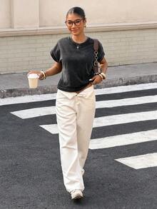 Muchica Black Knitted Distressed Batwing Sleeve Casual Round Neck Short-Sleeved Top, Spring/Summer Style. - Black - View 2