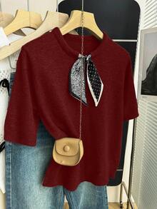 Franclia Burgundy,Autumn,Elegant,Office Casual Round Neck Short Sleeve Top,Paisley & Polka Dot Patchwork French Style Ribbed Trim Contrast Bow Collar Design - Red - View 5