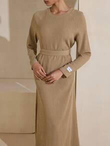 Graceveil Đầm thường ngày thanh lịch, chất liệu vải có họa tiết, cổ tròn, tay raglan, eo rộng, có miếng vá ở tay áo. - Màu Khaki - Xem 5
