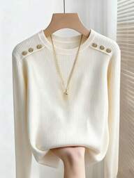 Franclia 女士圆领弹力腰带罗纹长袖T恤 女士毛衣 女士套头衫 女士薄款毛衣 针织毛衣 罗纹毛衣 女士圆领毛衣 白色针织衫 女士针织上衣 女士毛衣 女士针织上衣 毛衣上衣