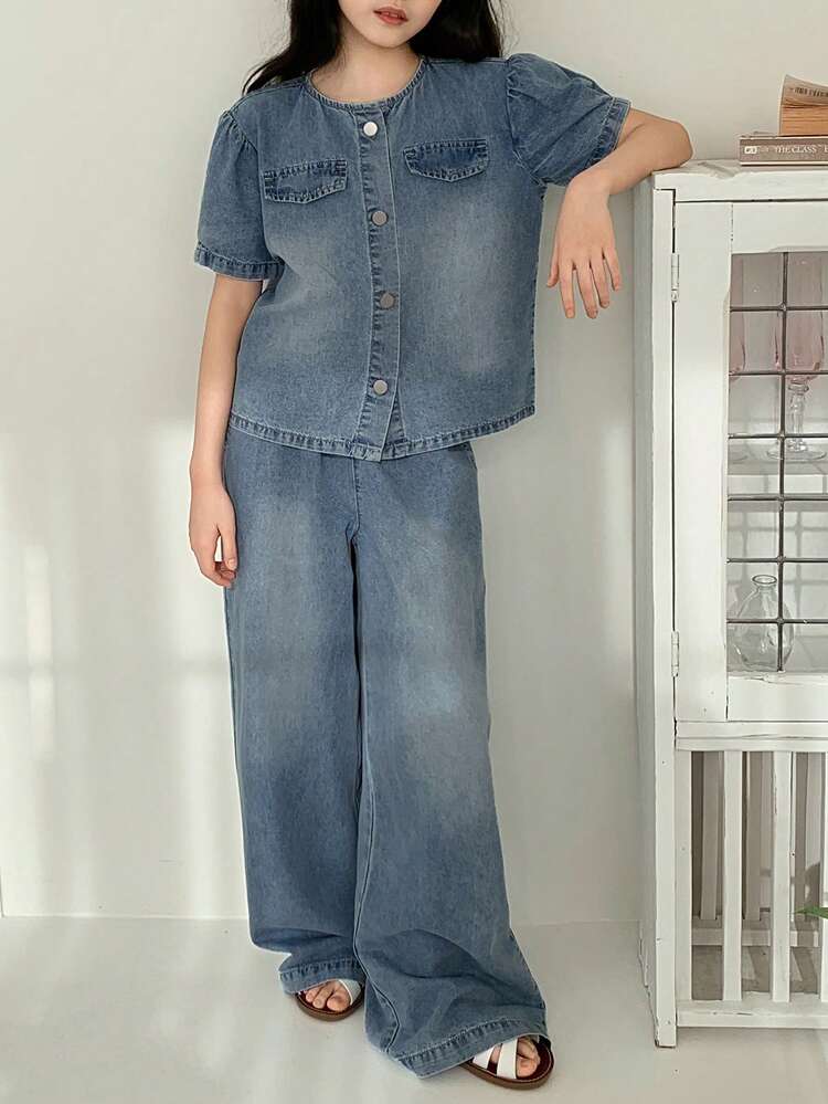 Tween Girls Single-Breasted Denim Short Sleeve Top And Casual Long Pants Set