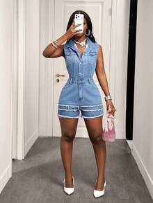BamGleam Women's Casual Everyday Commute Fashion Street Sleeveless Multi-Layer Fringe Waist Denim Romper, Summer - Light Wash - View 6