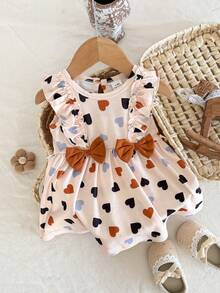 SHEIN Newborn Baby Girls Elegant Cute Heart Pattern Print Bow Decor Ruffle Hem Sleeveless Dress, Suitable For Spring/Summer, Photo Shoot, Wedding, Party, Daily Wear - Multicolor - View 9