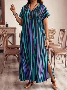 EMERY ROSE Plus Size Women's Striped Color Block Side Reflected Color Striped Maxi Long Beach Dress For Vacation Summer Outfits Summer Clothes  Spring  Spring Outfit Women Spring Clothes Beach Vacation Outfits For Women Bohemian, Summer Dresses - Mint Blue - View 5