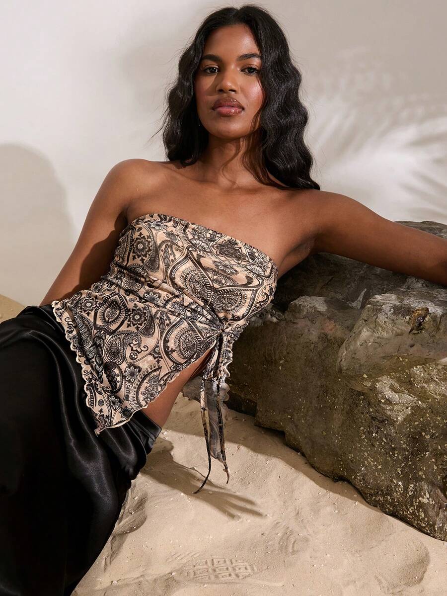 Opulessa 女士度假针织网眼筒印花抹胸不对称下摆衬衫 - 彩色 - 查看 1