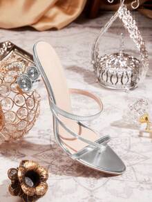 CUCCOO TILAWA Zapatos de mujer clásicos y sencillos, sandalias de tacón alto de moda con combinación de correa, gran rhinestone brillante, sandalias de tacón alto heterosexuales para citas, tardes de té, banquetes, fiestas y uso sexy - Plateado - Ver 5
