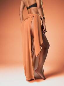 MISSGUIDED Chiffon Beach Cover Up Maxi Skirt With Chain Belt Detail Wrap Style Beachwear Sarong - Brown - View 3
