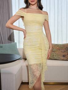 Modelyn Robe d'été mi-longue élégante française pour femmes, avec volants, bretelles spaghetti et dentelle de couleur jaune pâle - Jaune clair - Voir 4