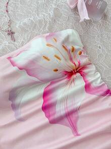 SHEIN 少女波西米亚热带花卉印花扭结迷你连衣裙，休闲舒适又优雅 - 粉色 - 查看 3