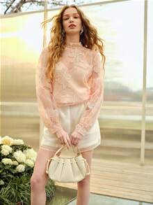 MOTF PREMIUM WOMEN'S MESH EMBROIDERED STAND COLLAR LANTERN SLEEVE BLOUSE - Pink - View 2