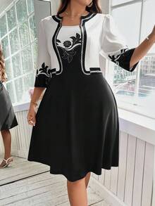 Reflora Plus Size Women Floral Print 3/4 Sleeve 2 In 1 Elegant Dress - Black - View 4