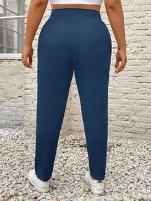 SHEIN PETITE CURVE Plus Size Women's Letter Embroidered Pockets Casual Tapered Pants - Royal Blue - View 2