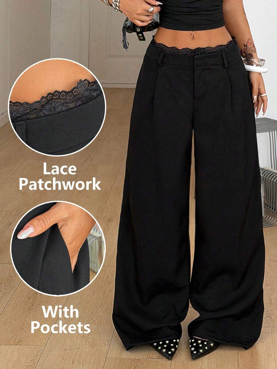 Coolane Women's Summer Streetwear Business Casual Elegant Date Night Office Wear  Chic Minimalist Contrast Lace Black Pants - Black - View 1