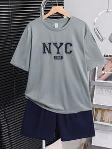 SHEIN 2件套青少年男童休闲宽松舒适品牌logo装饰短袖上衣和短裤套装，春夏款 - 彩色 - 查看 5