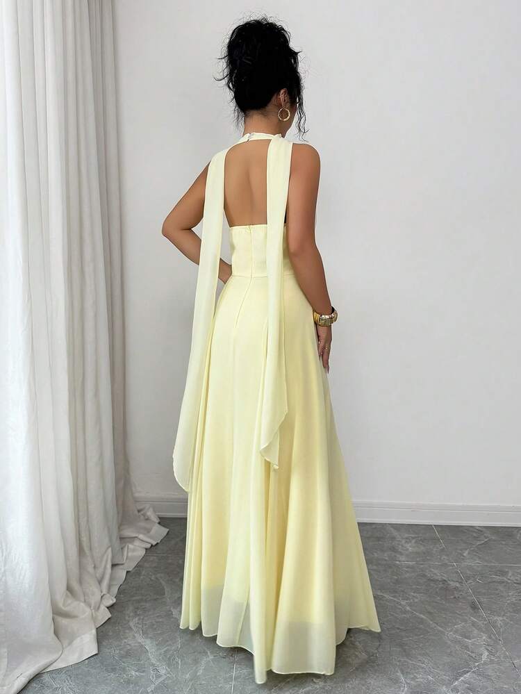 Elenzga Women's Elegant Flowy Draped Neck Tie Waist A-Line Solid Yellow Dress, Suitable For Beach Vacation, Travel, Sleeveless, High-End - Yellow - View 2