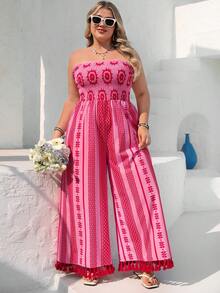 Vivid Eden Plus Size Boho Pink Folk Custom Pattern Strapless Long Jumpsuit With Shirred Details Woven Fabric Sleeveless Summer Outfit - Pink - View 9