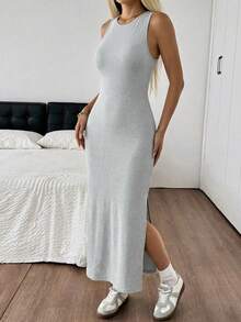 SHEIN EZwear 女士灰色针织露背无袖修身连衣裙，长款修身连衣裙，无袖长裙，舒适长裙，灰色长裙，露背镂空连衣裙，露背长裙，无袖吊带裙，女装连衣裙，女士夏季连衣裙，修身长裙 - 灰色 - 查看 3