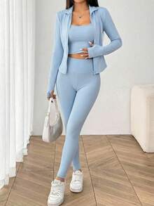 SHEIN EZwear 3件套女士极简纯色蓝色拉链外套、背心和高腰紧身裤运动套装 - 藍色 - 查看 5