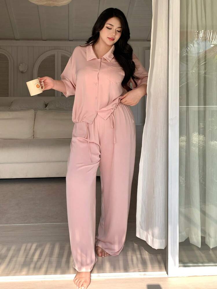 Dazy Plus Plus Size Women's Simple Solid Color Drop Shoulder Loose Drawstring Hem Shirt And Pants Pajama Set, Spring/Summer/Autumn