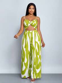 SOLERSUN Women's Plus Size Elegant Casual Sleeveless Black And White Printed Twisted Wide Leg Jumpsuit With Spaghetti Strap, Versatile Twisted Jumpsuit For Spring, Summer, Fall And Winter Wear - Green - View 3