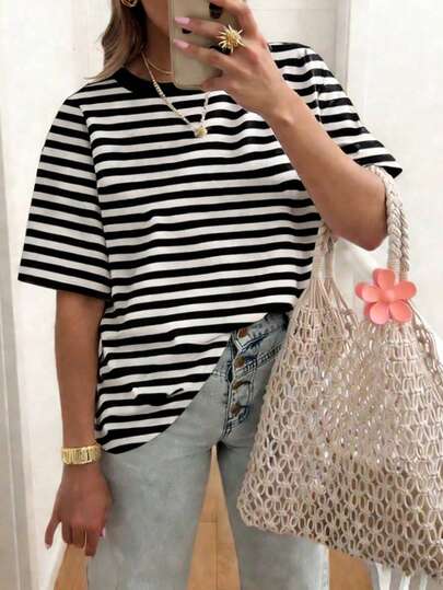 EMERY ROSE Black And White Striped Knitted Fabric Plus Size T-Shirt Casual Regular Length Scoop Neck Short Sleeve Aesthetic Tops Stripe Top Preppy Tops Knit Tops Summer Tops