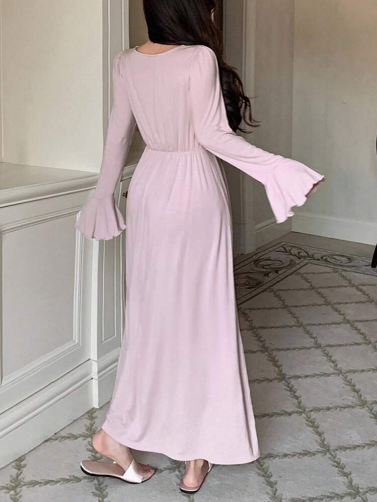 Romantic Ruched Design Floral Lace Trim Waist Ruffle Sleeve Long Women Nightgown, Fall Pajama, Winter