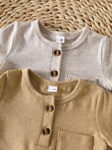SHEIN Bộ 2 áo liền quần ngắn tay cho bé sơ sinh, màu trơn, mềm mại và thoải mái, thích hợp làm quà tặng, thiết yếu cho mọi bé, phù hợp cho mọi mùa và hoạt động ngoài trời. - Màu vàng - Xem 7