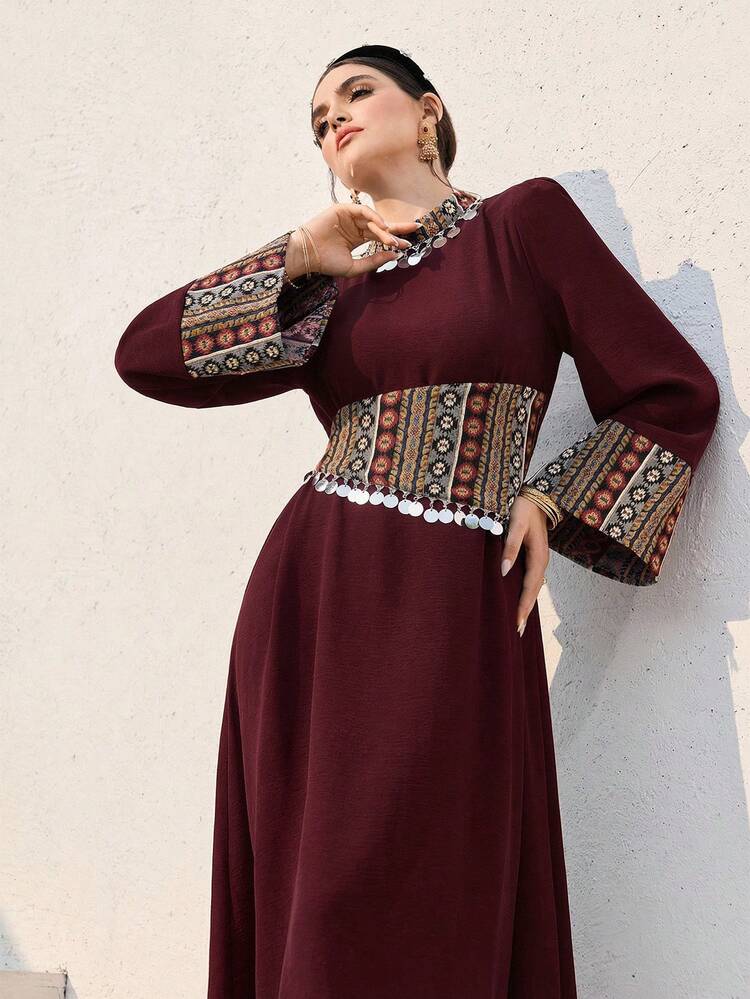 Al Najma Women's Contrast Color Vintage Long Sleeve Flared Sleeve Waist Cinched Turkish Maxi Dress & Arabic Traditional Abaya Red Dresses For Women   Sequin Dress Tassel And Sequin Embellished Dress - Burgundy - View 7