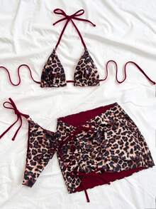 Soleia Conjunto de 3 piezas de bikini de talla grande para mujer con estampado de leopardo y contraste rojo - Burdeos - Ver 3