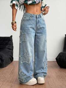 Coolane Quần jeans nữ phong cách thể thao năng động, bụi bặm, họa tiết ngôi sao, bạc màu, kiểu dáng rapper. - Rửa nhẹ - Xem 6