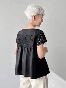 FRIFUL Blusa holgada y versátil de unicolor negro con parches y tela de encaje 3D plisada, para primavera/verano - Negro - Ver 4