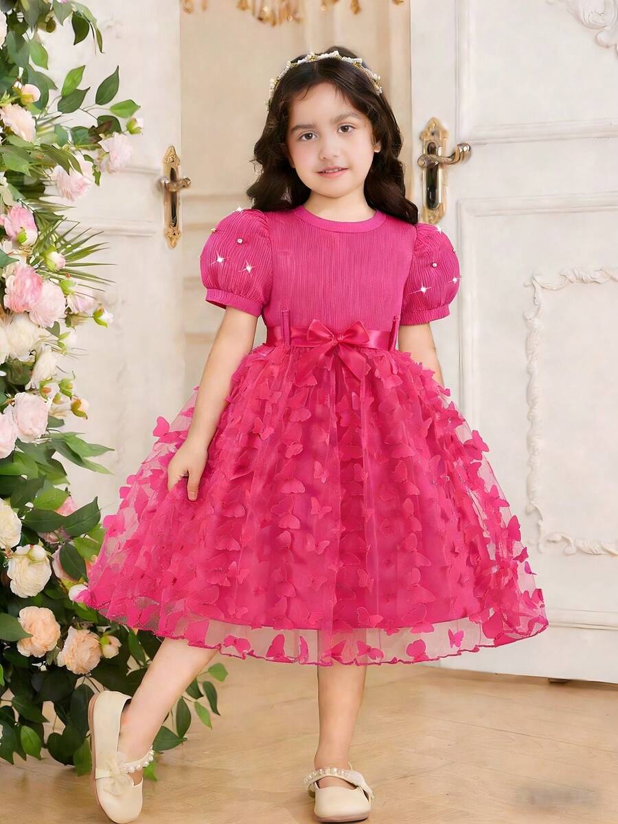 Glamorique Kids 女童纯色圆领珍珠花瓣袖3D花朵优雅夏季连衣裙,配腰带 - 玫紅色 - 查看 1