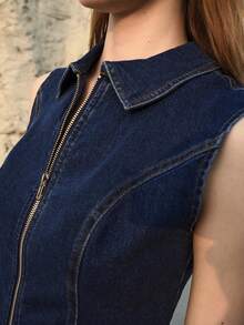 MOTF PREMIUM SPRING/SUMMER DENIM COLLAR METAL ZIPPER FRONT SLEEVELESS DENIM TOP & WIDE LEG JEANS DENIM SET - Dark Wash - View 1