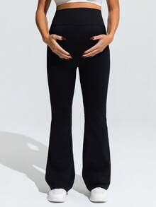 SHEIN Maternity High Waist Solid Color Flared Yoga Pants,Word Cup - Black - View 6