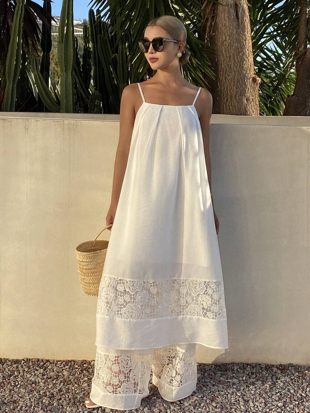 2pcs Women Contrast Lace Camisole Dress And Pants Casual Vacation Outfit, Spring/Summer