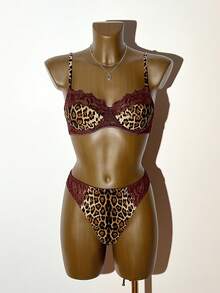 2pcs Animal Print Lace Patchwork Lingerie Set - Brown - View 6