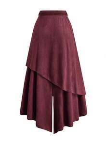 Sweetra Plus Size Vintage Suede Skirt, Elastic Waist Asymmetrical Hem A-Line Skirt, Autumn/Spring - Brown - View 2