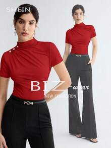 BizChic Áo thun ôm dáng màu đỏ, vai nhún, đính cúc kim loại, đa năng cho mùa xuân/hè, phù hợp cho Lễ Phục Sinh, Ngày Thánh Patrick, đi làm, mặc hàng ngày, phong cách thường ngày, lãng mạn, retro thập niên 90, dự tiệc, đi biển, lễ tốt nghiệp, kỳ nghỉ, dự đám cưới, ăn sáng muộn, ở sân bay. - Đỏ - Xem 11
